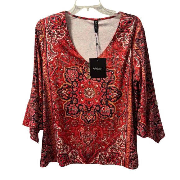 Just fashion now V-Neck Red Paisley Print Blouse With Flared Sleeves Sz L. NWT - Picture 1 of 12
